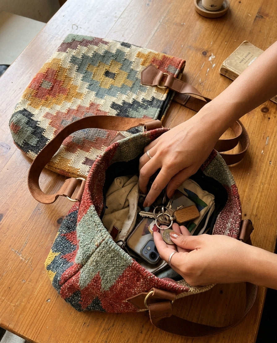 Handmade Wool Jute Kilim Art Carpet Bags .